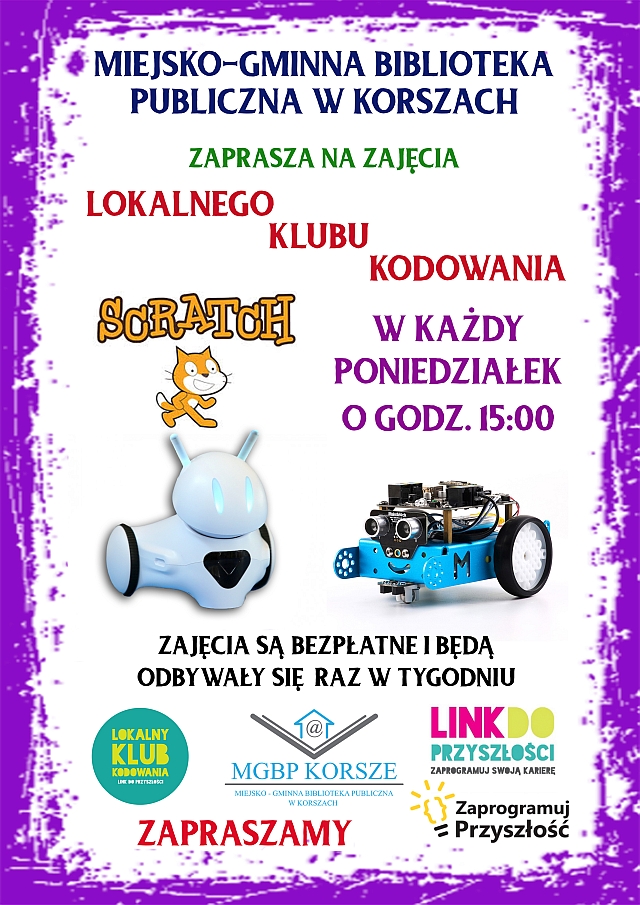 Baner: Biblioteka w Korszach zaprasza na zajęcia Lokalnego Klubu Kodowania